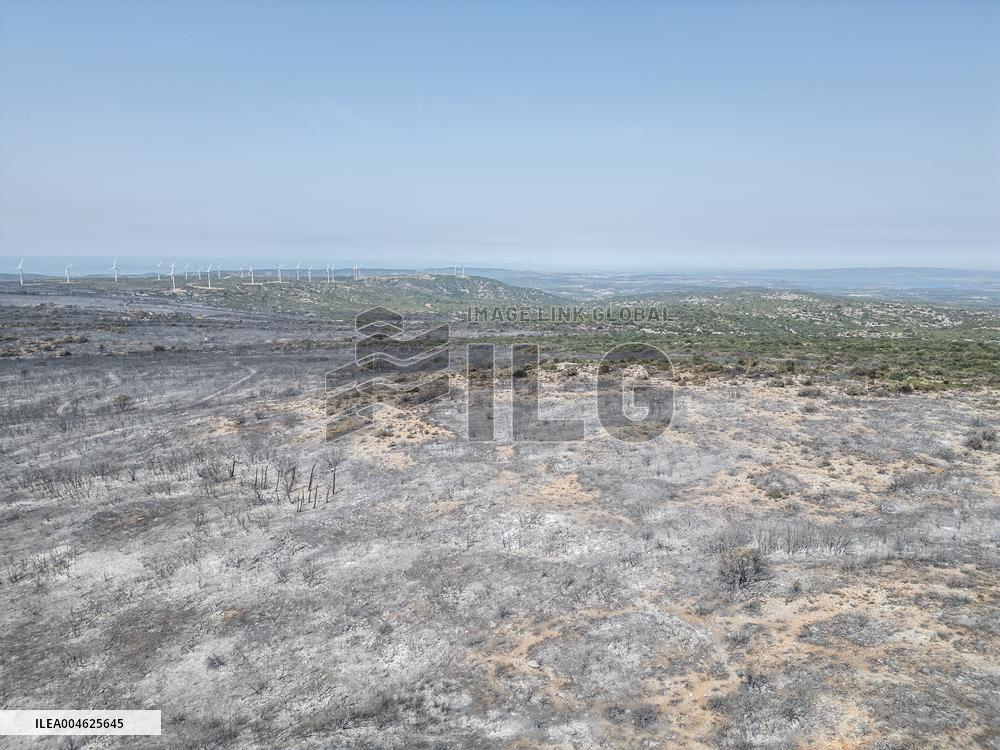 Aerial view of the burned landscape of the Corbières Aude - France