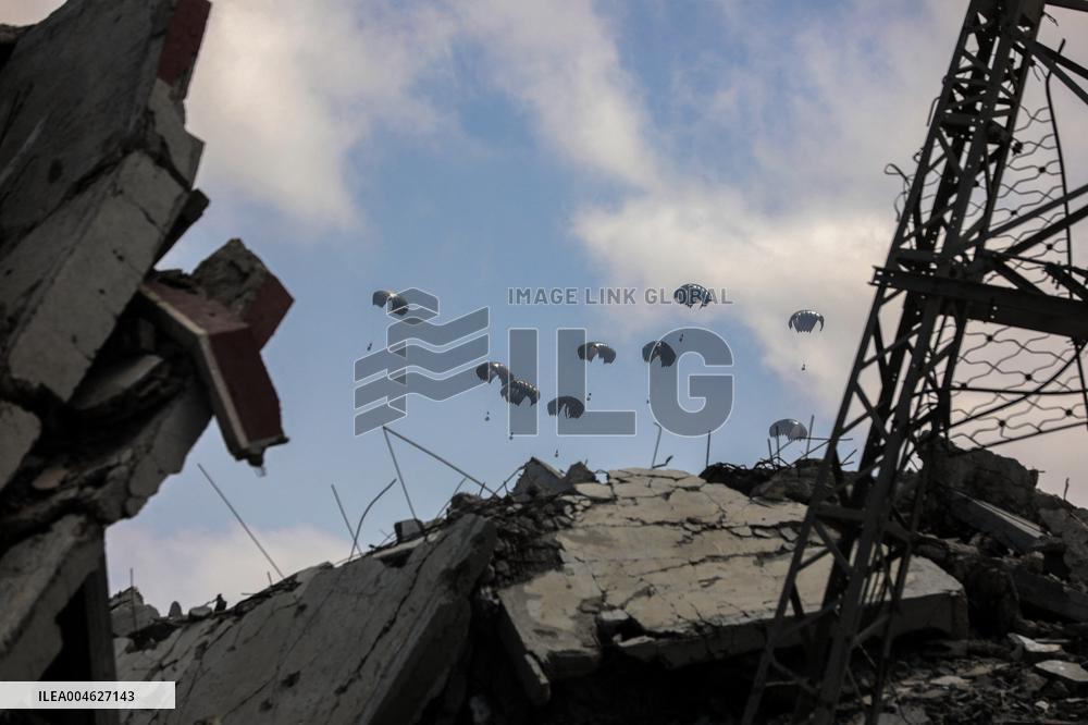 Humanitarian Aid is Airdropped over the Gaza City - Palestine