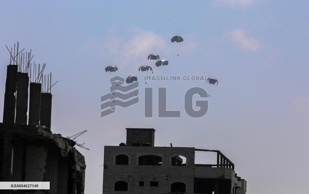 Humanitarian Aid is Airdropped over the Gaza City - Palestine