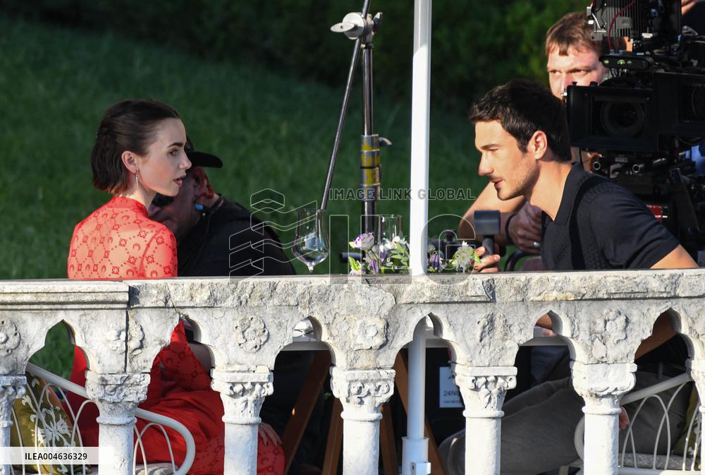 Lily Collins and Eugenio Franceschini on Emily in Paris Set - Venice