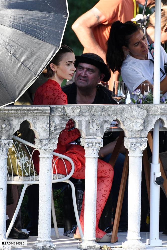 Lily Collins and Eugenio Franceschini on Emily in Paris Set - Venice