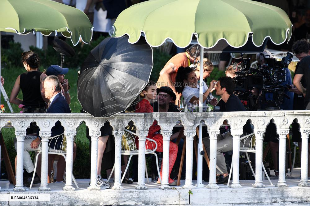 Lily Collins and Eugenio Franceschini on Emily in Paris Set - Venice