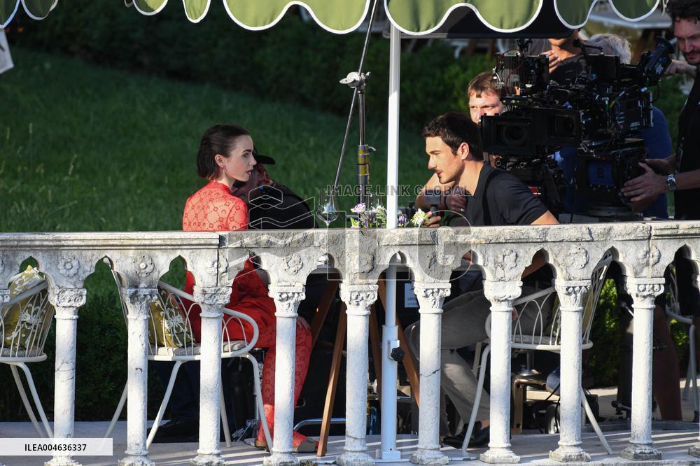 Lily Collins and Eugenio Franceschini on Emily in Paris Set - Venice