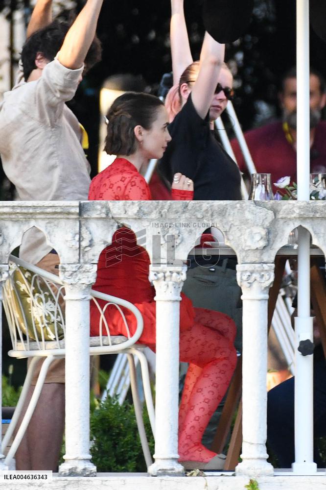 Lily Collins and Eugenio Franceschini on Emily in Paris Set - Venice