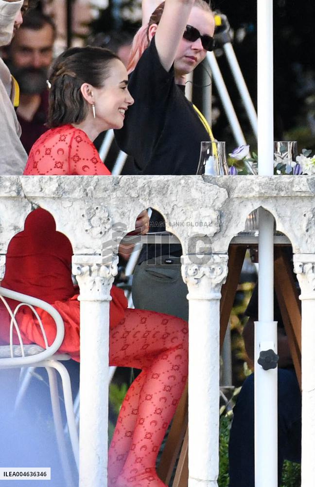 Lily Collins and Eugenio Franceschini on Emily in Paris Set - Venice
