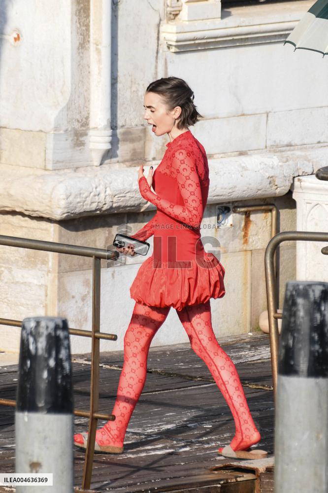 Lily Collins Back at Palazzo Franchetti for Emily in Paris Filming - Venice
