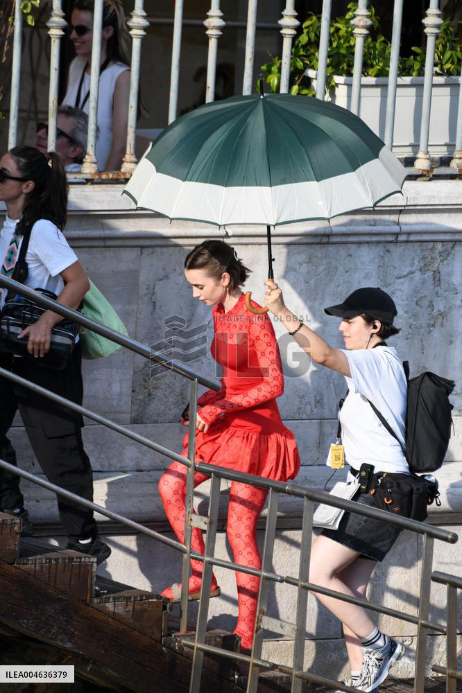 Lily Collins Back at Palazzo Franchetti for Emily in Paris Filming - Venice