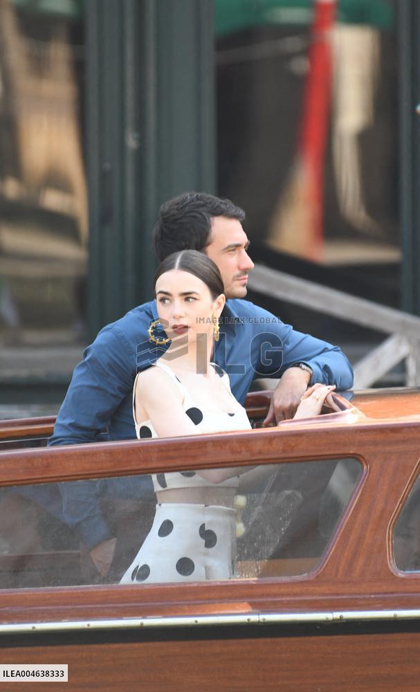Lily Collins and Eugenio Franceschini on Emily in Paris Set - Venice