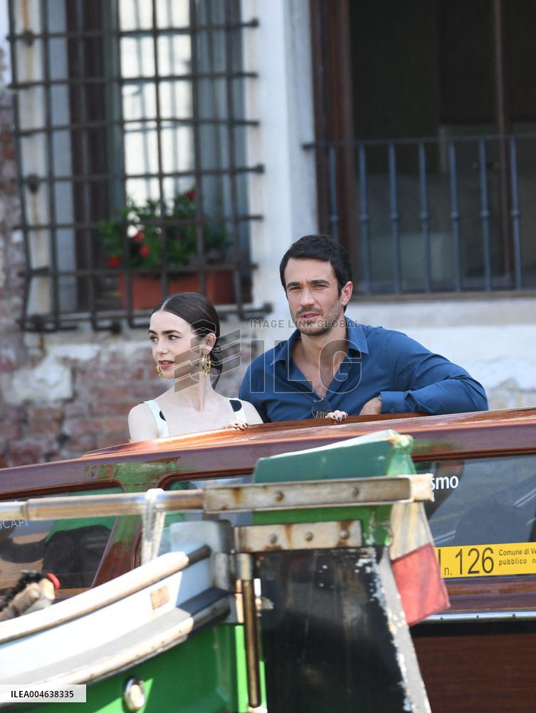 Lily Collins and Eugenio Franceschini on Emily in Paris Set - Venice
