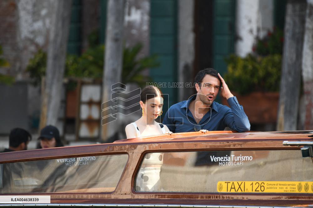 Lily Collins and Eugenio Franceschini on Emily in Paris Set - Venice