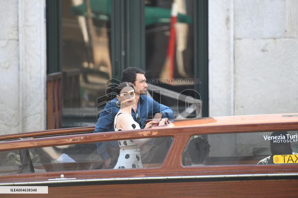 Lily Collins and Eugenio Franceschini on Emily in Paris Set - Venice