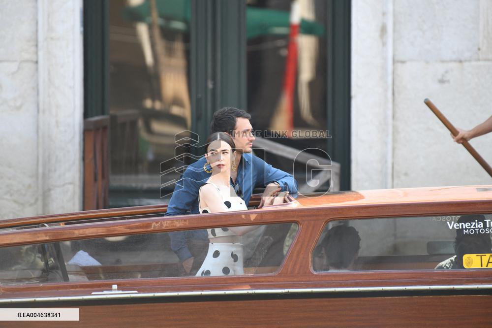 Lily Collins and Eugenio Franceschini on Emily in Paris Set - Venice