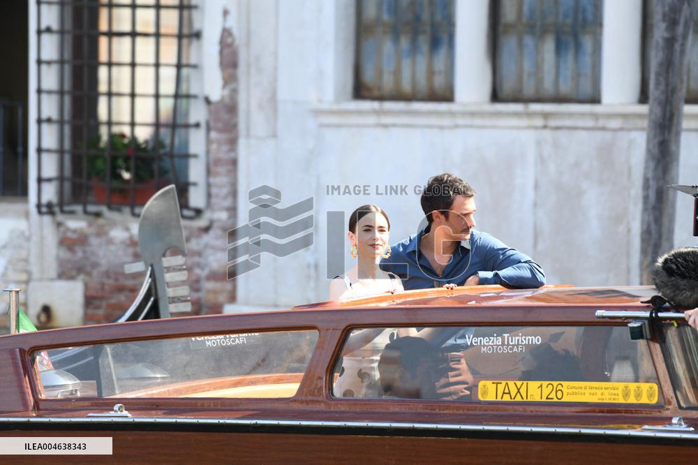 Lily Collins and Eugenio Franceschini on Emily in Paris Set - Venice