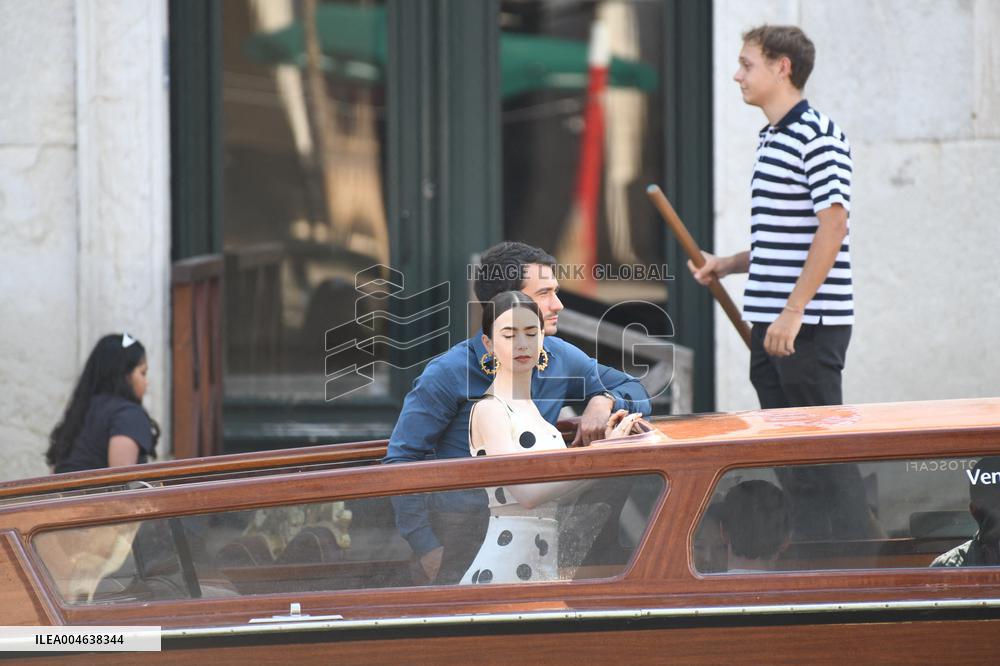 Lily Collins and Eugenio Franceschini on Emily in Paris Set - Venice
