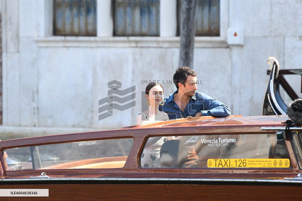 Lily Collins and Eugenio Franceschini on Emily in Paris Set - Venice