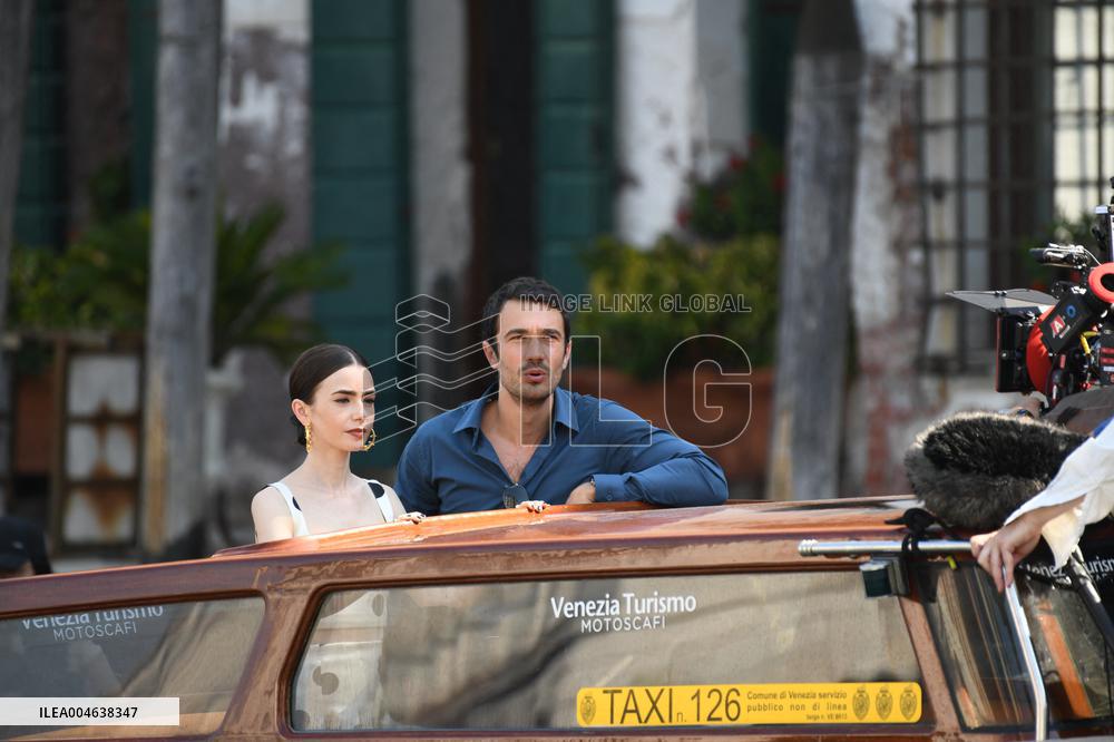 Lily Collins and Eugenio Franceschini on Emily in Paris Set - Venice