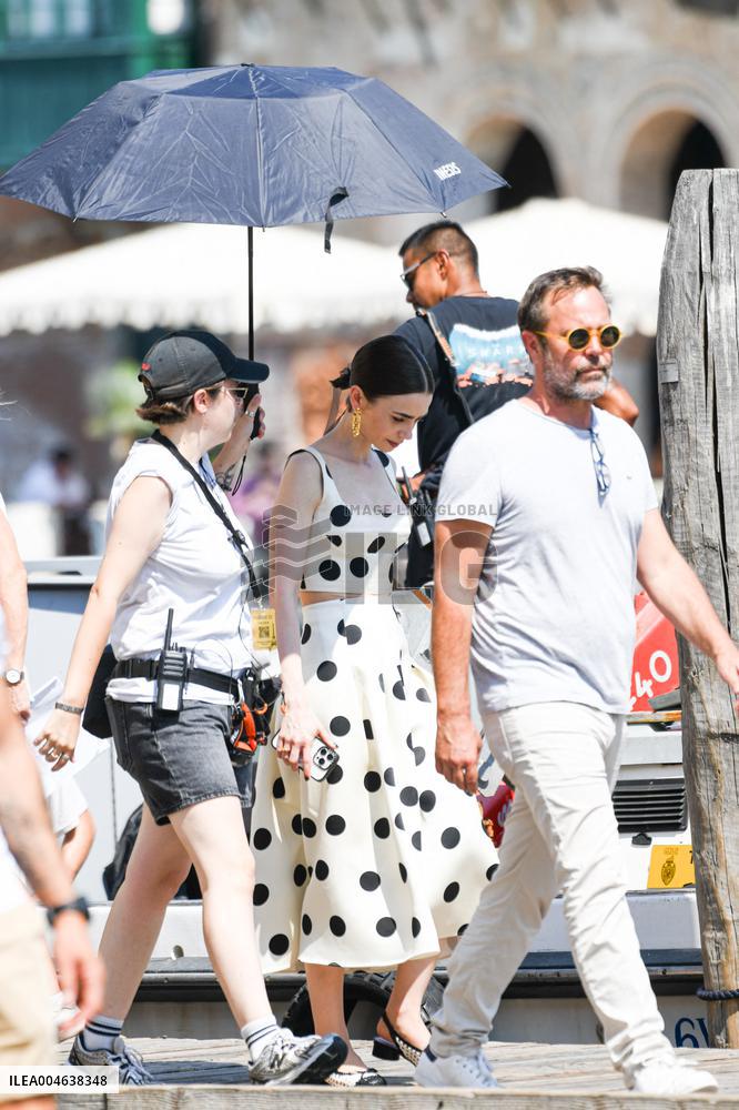 Lily Collins   on Emily in Paris Set - Venice