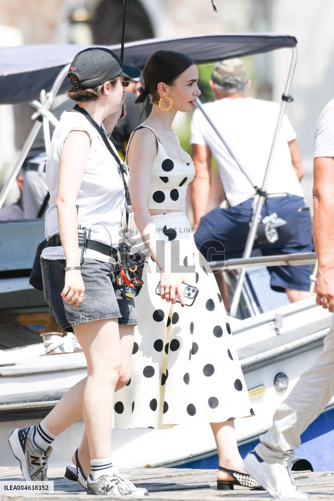 Lily Collins   on Emily in Paris Set - Venice