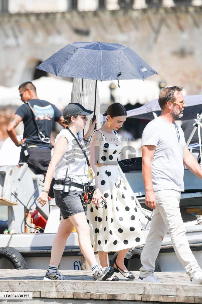 Lily Collins   on Emily in Paris Set - Venice