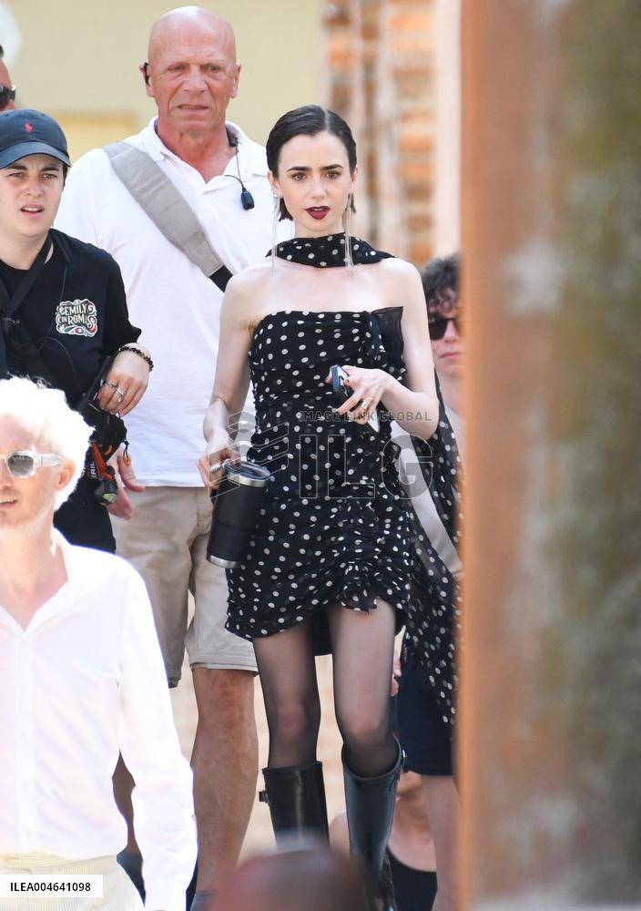 Lily Collins on Emily in Paris Set - Venice