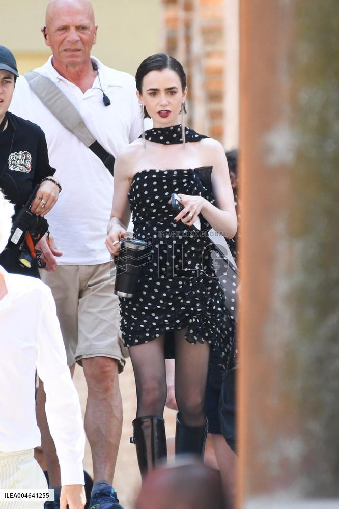 Lily Collins on Emily in Paris Set - Venice