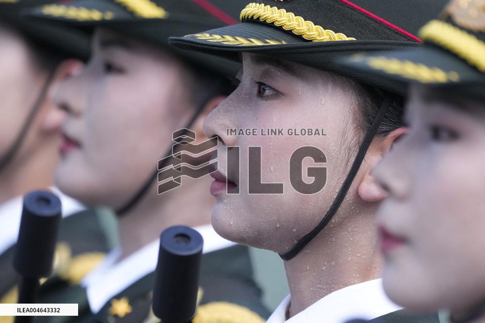 Chinese soldiers practice for military parade