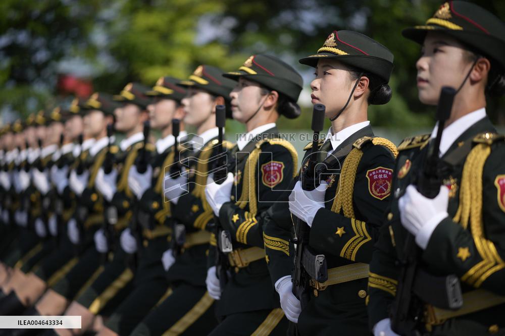 Chinese soldiers practice for military parade