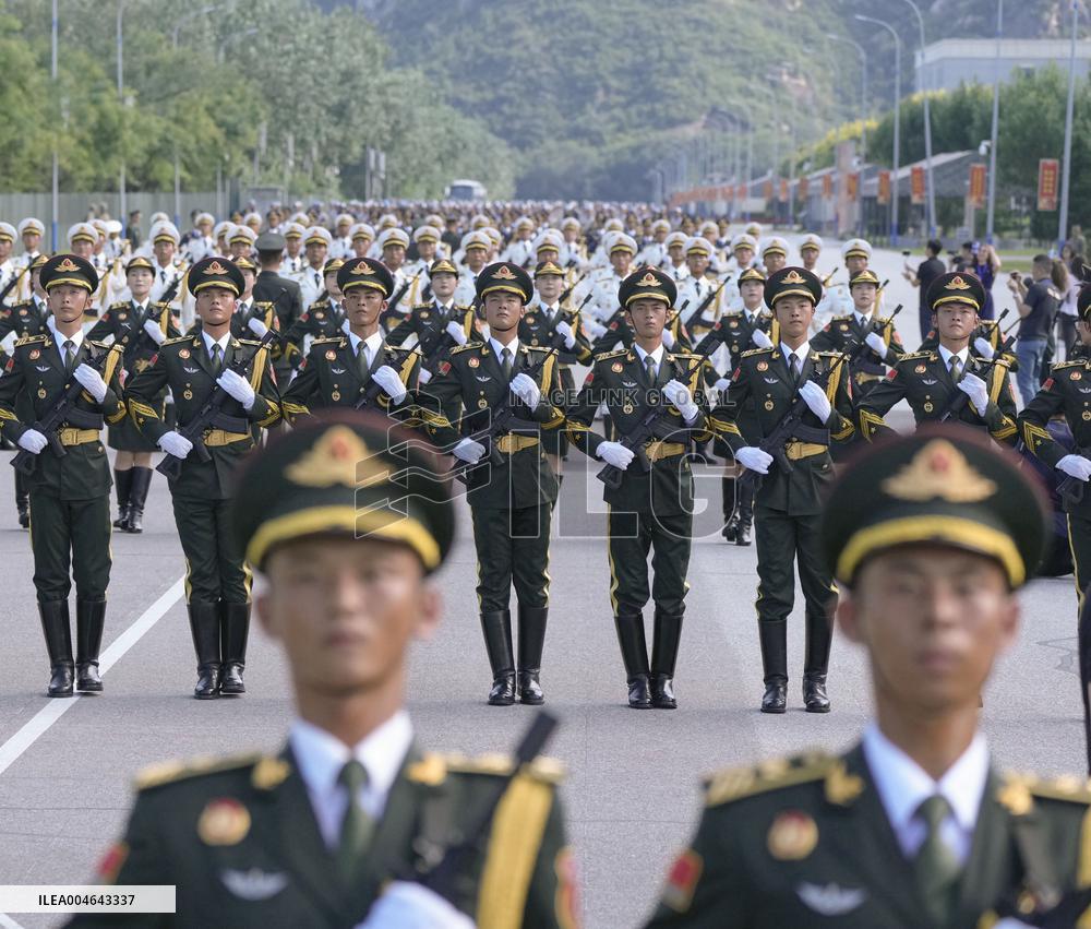 Chinese soldiers practice for military parade