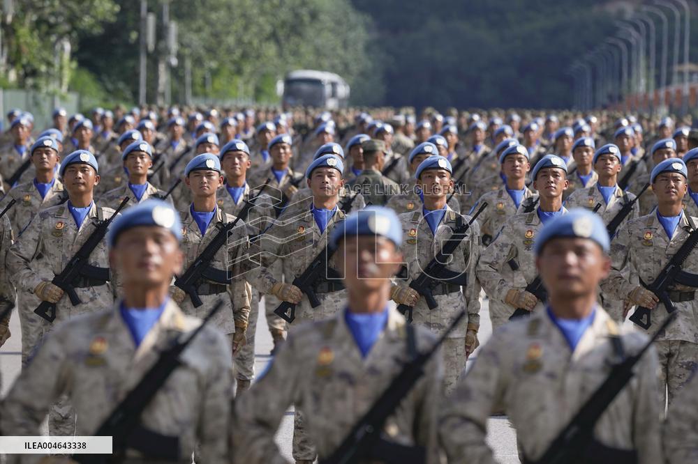 Chinese soldiers practice for military parade