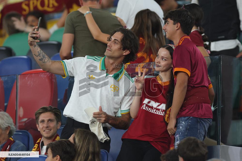 Damiano David And Dove Cameron Attending AS Roma v Bologna FC - Rome