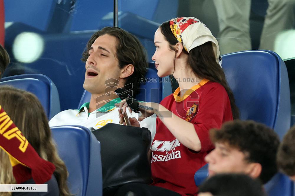 Damiano David And Dove Cameron Attending AS Roma v Bologna FC - Rome