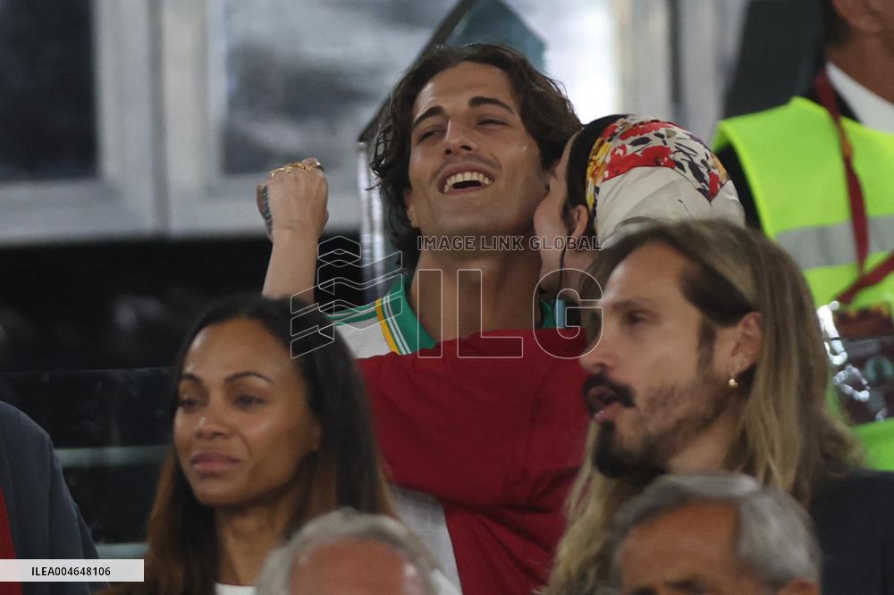 Damiano David And Dove Cameron Attending AS Roma v Bologna FC - Rome