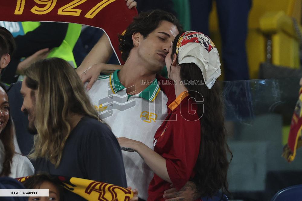 Damiano David And Dove Cameron Attending AS Roma v Bologna FC - Rome