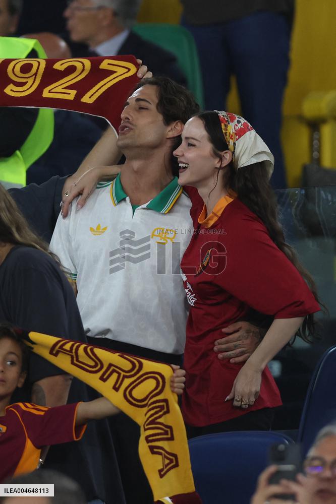 Damiano David And Dove Cameron Attending AS Roma v Bologna FC - Rome