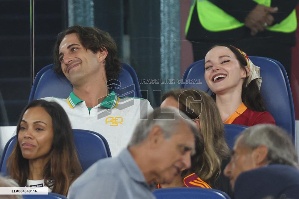 Damiano David And Dove Cameron Attending AS Roma v Bologna FC - Rome