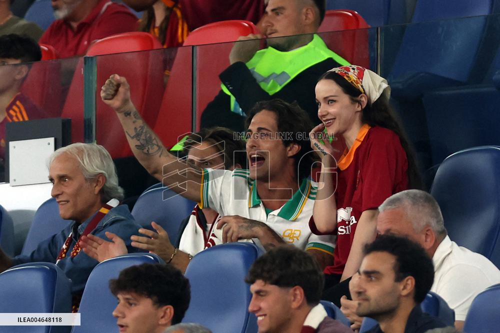 Damiano David And Dove Cameron Attending AS Roma v Bologna FC - Rome