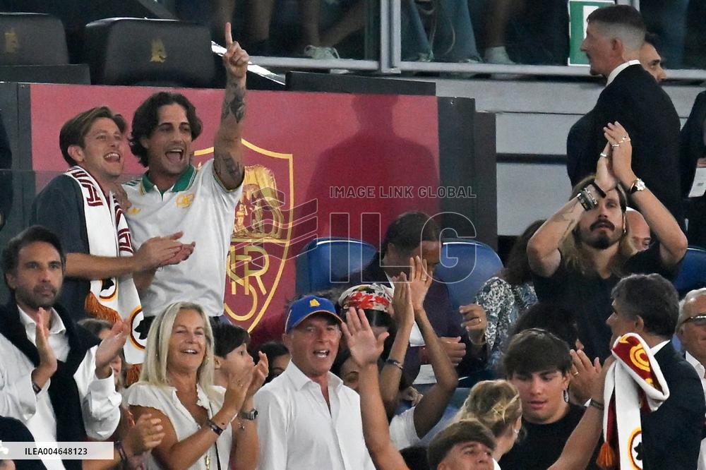 Damiano David And Dove Cameron Attending AS Roma v Bologna FC - Rome