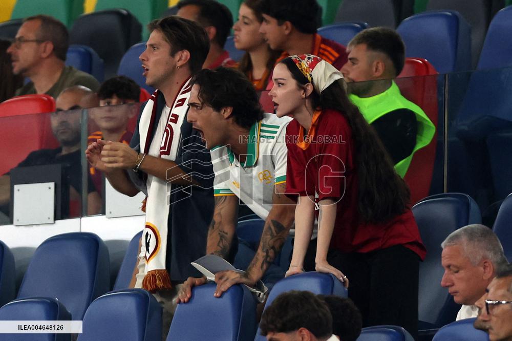 Damiano David And Dove Cameron Attending AS Roma v Bologna FC - Rome