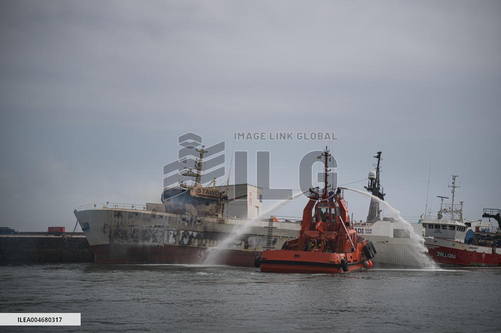 A Ship Continues To Burn In The Port Of Ribeira - Spain