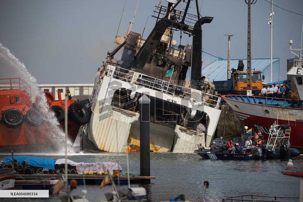 A Ship Continues To Burn In The Port Of Ribeira - Spain