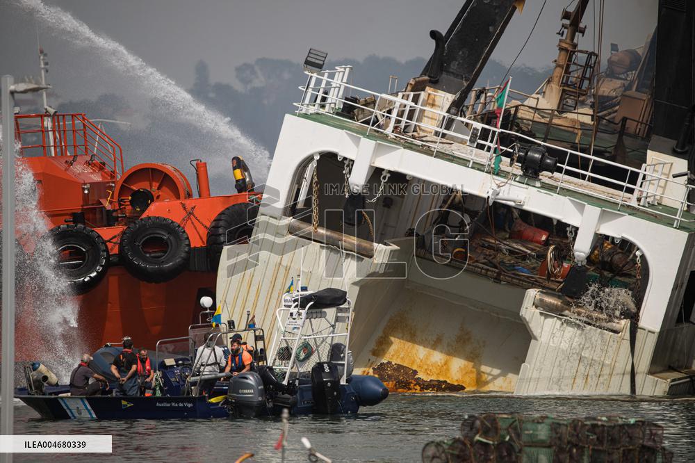 A Ship Continues To Burn In The Port Of Ribeira - Spain
