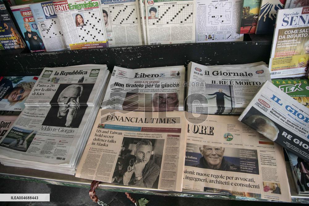 Newspapers Highlight Death Of Giorgio Armani In Milan - Italy