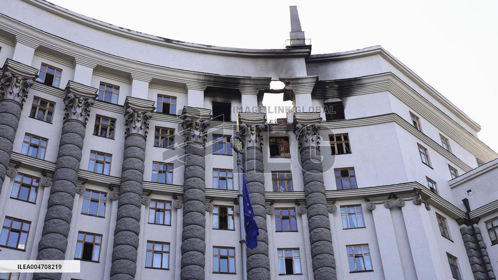 Missile-hit government building in Kyiv
