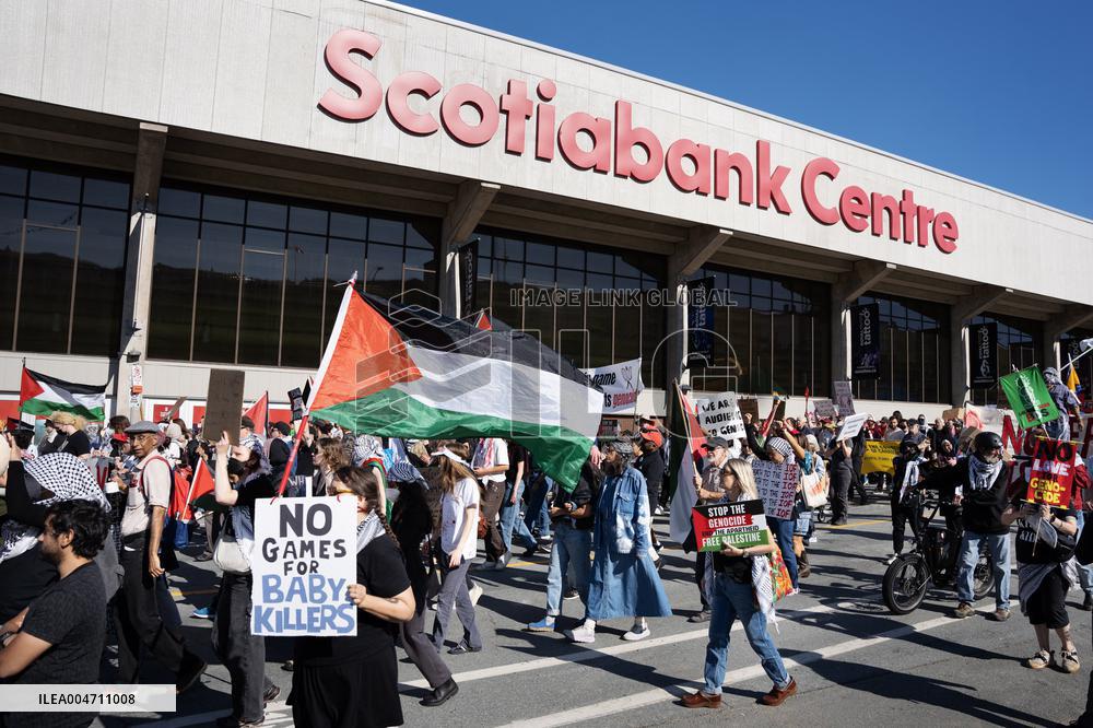 Protest prior match between Team Israel and Team Canada in Halifax