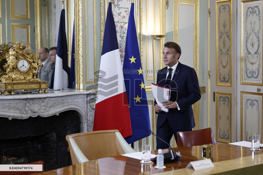 French President Macron Attends A Video Conference On The Situation In The Middle East - Paris