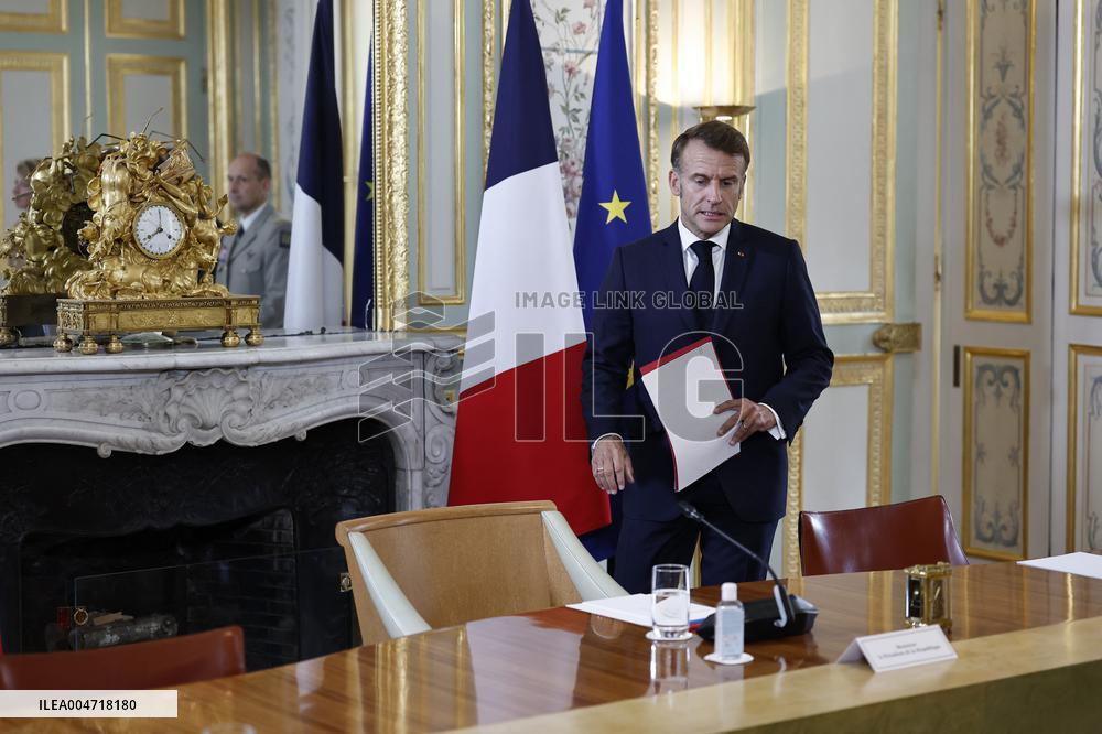 French President Macron Attends A Video Conference On The Situation In The Middle East - Paris