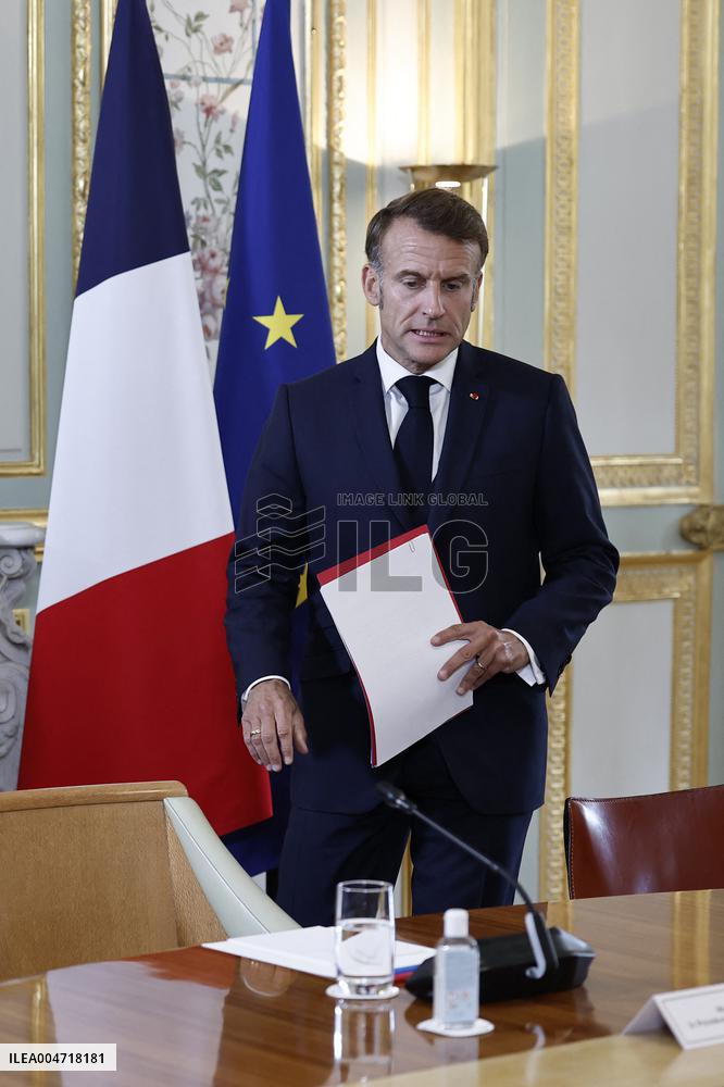 French President Macron Attends A Video Conference On The Situation In The Middle East - Paris