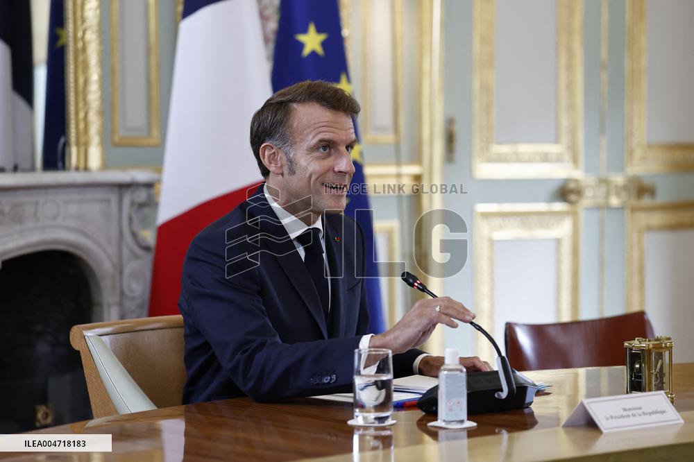 French President Macron Attends A Video Conference On The Situation In The Middle East - Paris