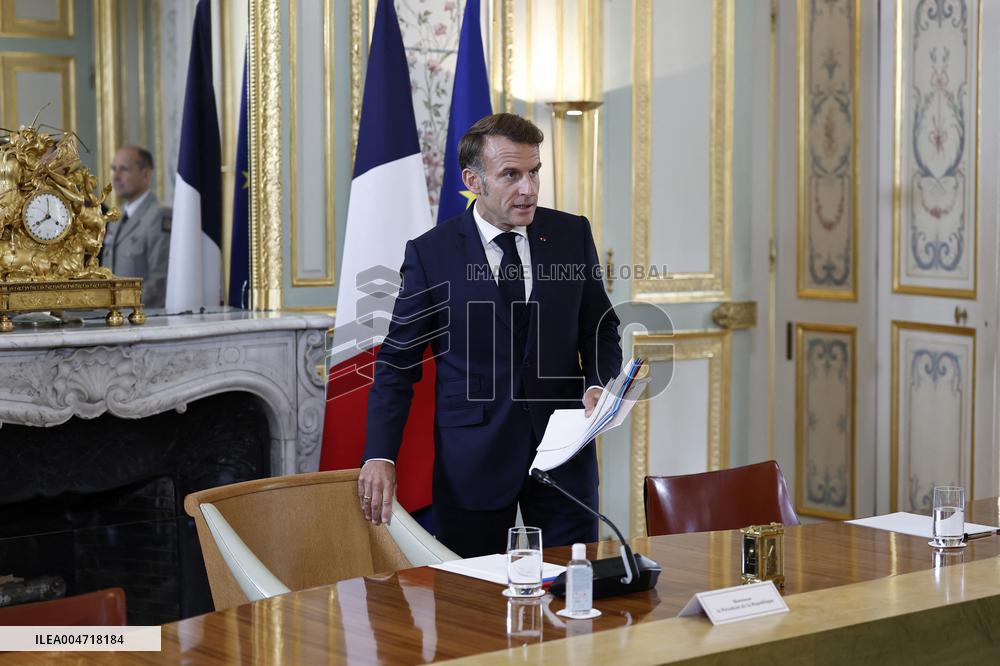 French President Macron Attends A Video Conference On The Situation In The Middle East - Paris
