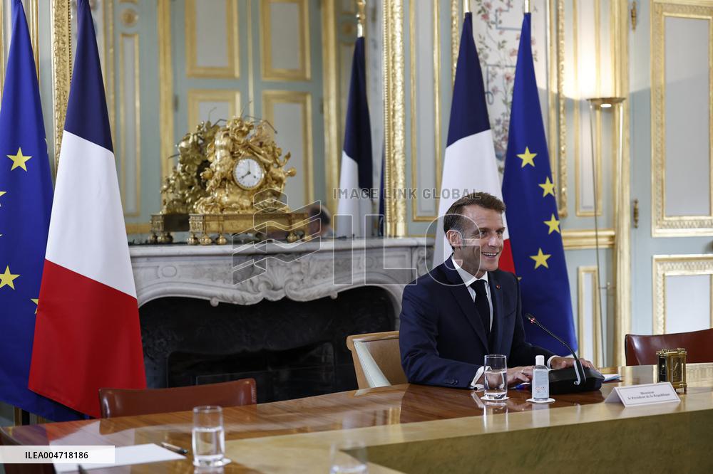 French President Macron Attends A Video Conference On The Situation In The Middle East - Paris